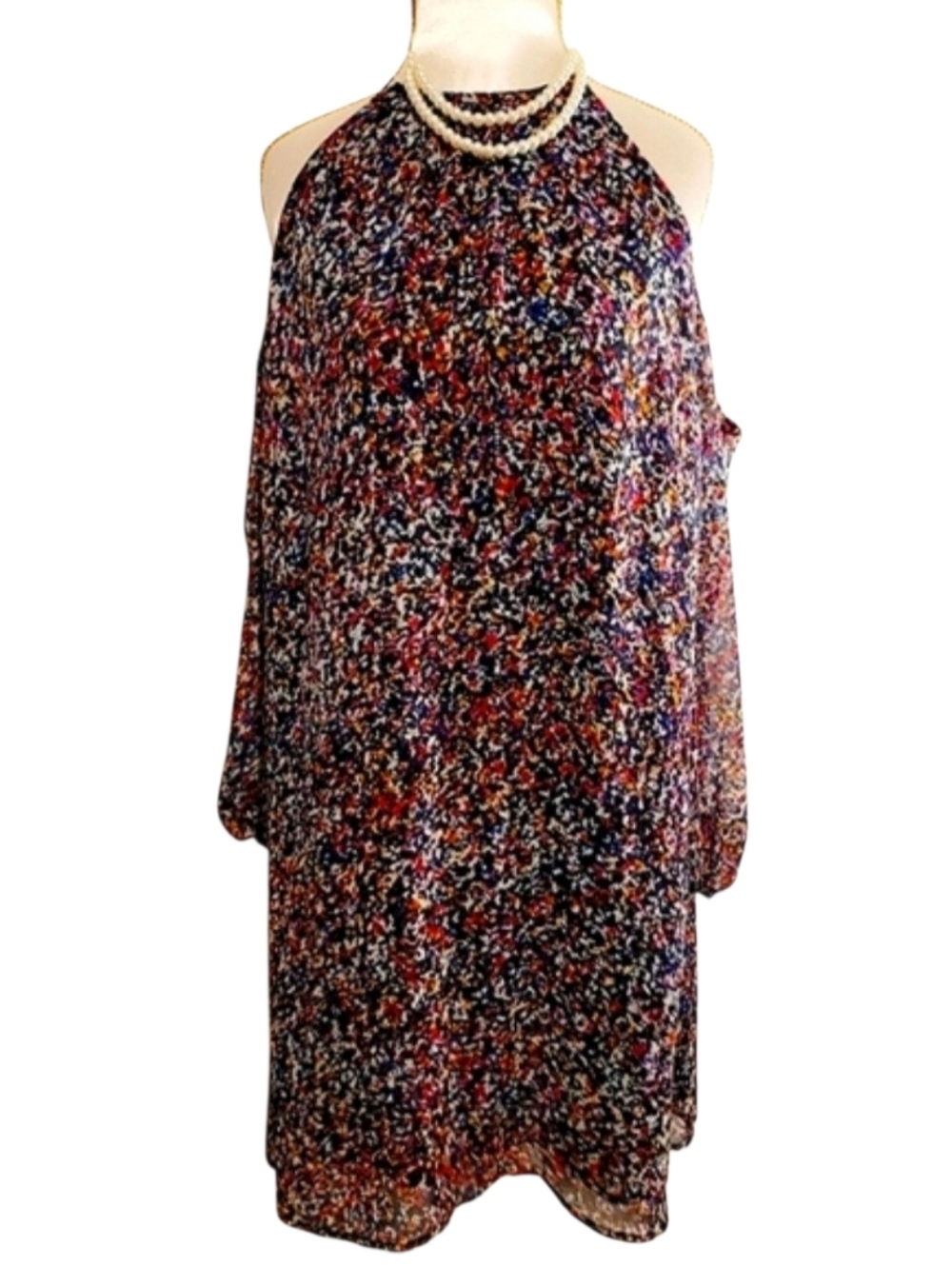 1. STATE Multi-Color Print Chiffon Flowy Long Sleeve Cold Shoulder Shift Dress